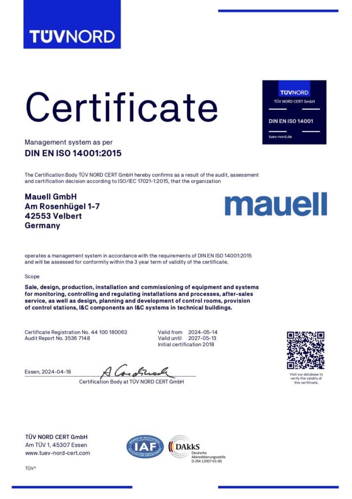 TÜV NORD certificate confirms Mauell GmbH’s management system according to DIN EN ISO 14001:2015 with validity dates shown.