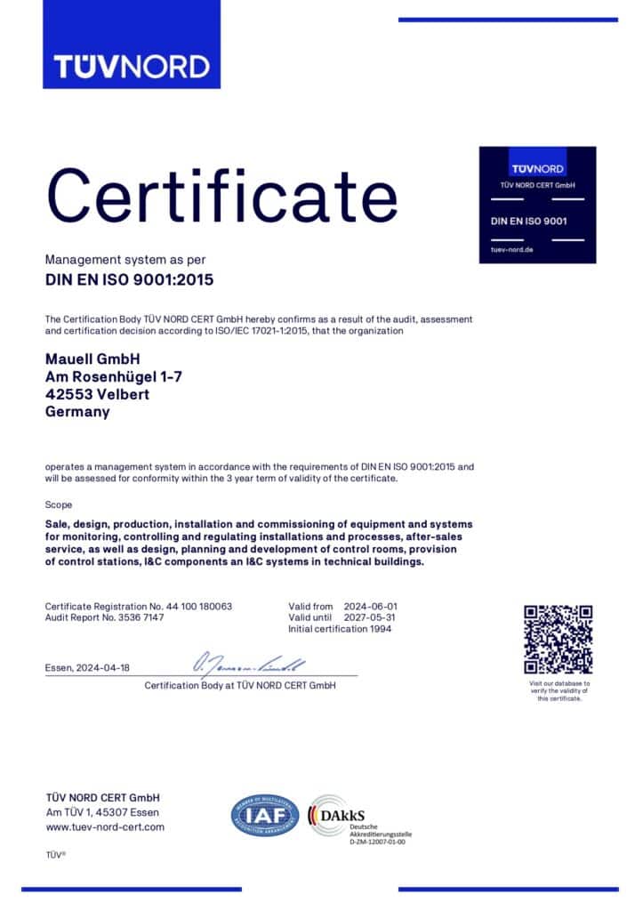 TÜV NORD certificate for Mauell GmbH confirms management system compliance with DIN EN ISO 9001:2015.