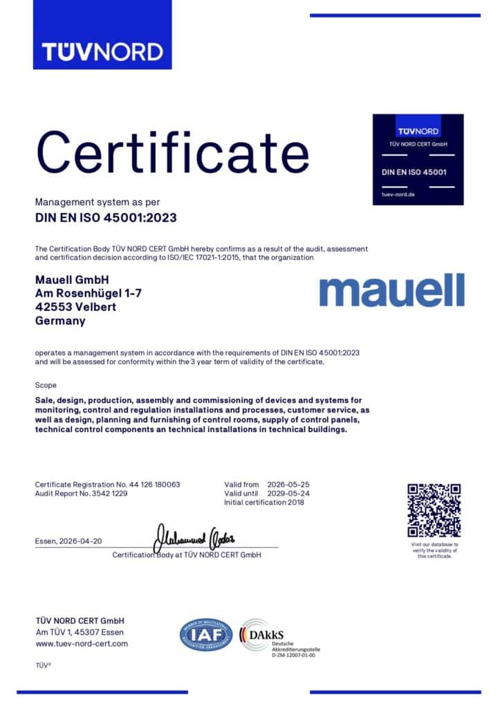 TÜV NORD certificate for Mauell GmbH confirms DIN EN ISO 45001:2023 compliance with QR code and dates.