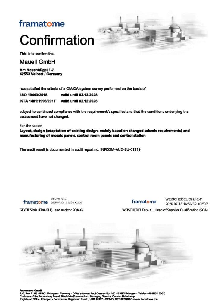Framatome confirmation for Mauell GmbH lists ISO 19443:2018 and KTA 1401:1996/2017, with audit report INFCOM-AUD-SU-01319.